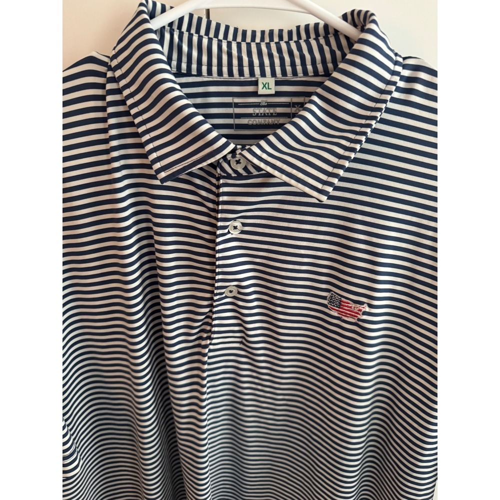 The State Company Mens XL Polo Shirt Navy White Striped USA‎ Flag Map Golf Top
